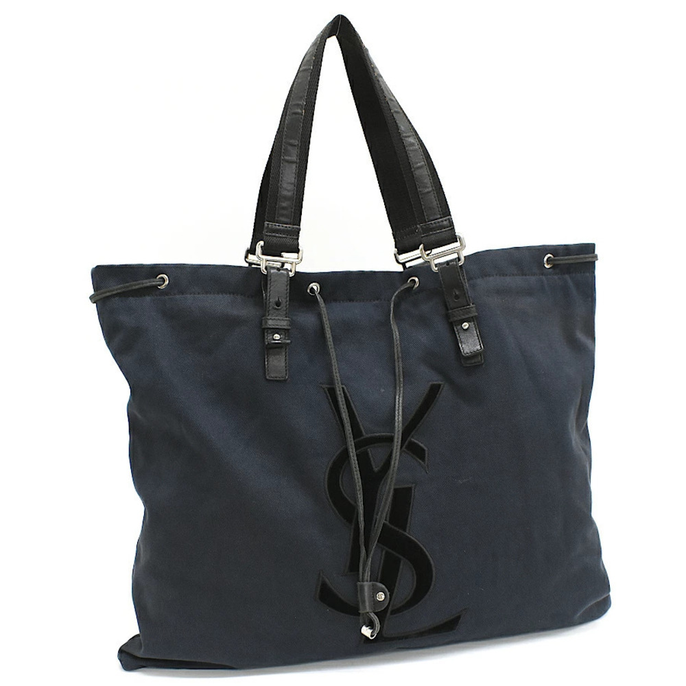 Saint Laurent Yves Tote Bag Canvas Leather Navy Blue YSL